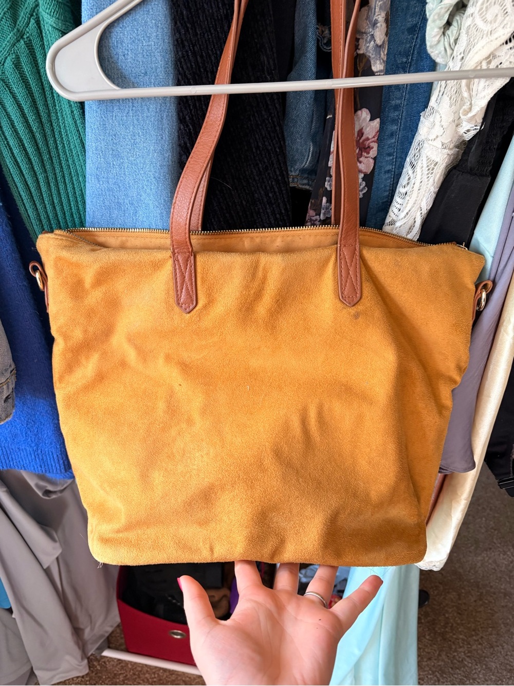 Old Navy Mustard Suede Shoulder Tote with Brown Straps